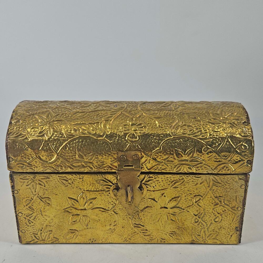 Vintage embossed repousse brass clad wood trinket or jewelry box